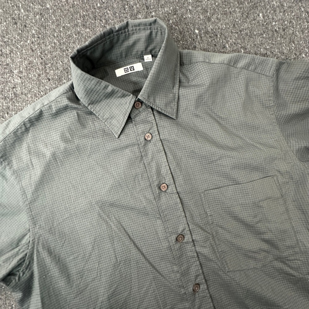 Uniqlo U Button Up Men M Green Grid Short Sleeve Seersucker Texture 331-467844